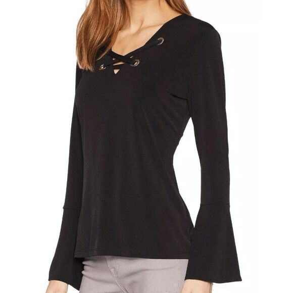 Michael Kors MK Black Bell Sleeve Lace-Up Top Size Medium EUC - Picture 3 of 4